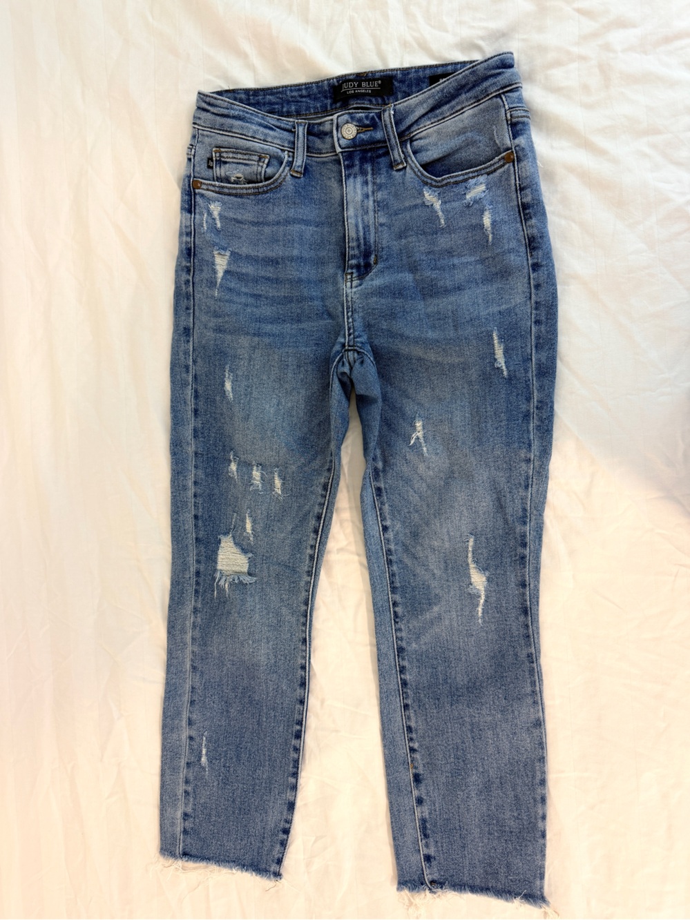 Judy Blue high waist medium wash distressed denim straight jeans 26